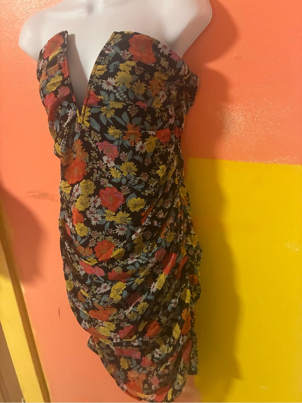 Strapless Black Floral Ruched Dress